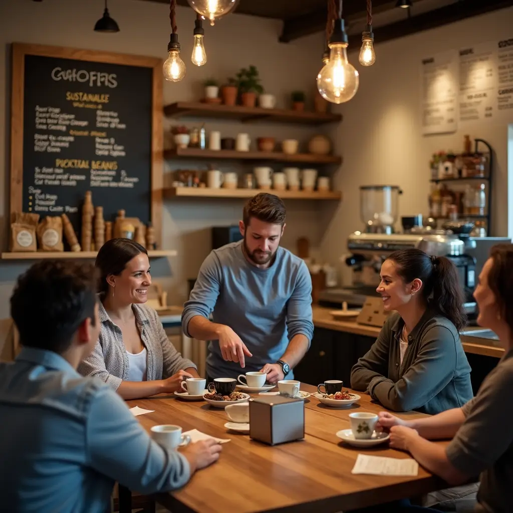 A cozy, community-driven café at The Source in Vero Beach with people enjoying coffee, highlighting sustainability and inclusivity.