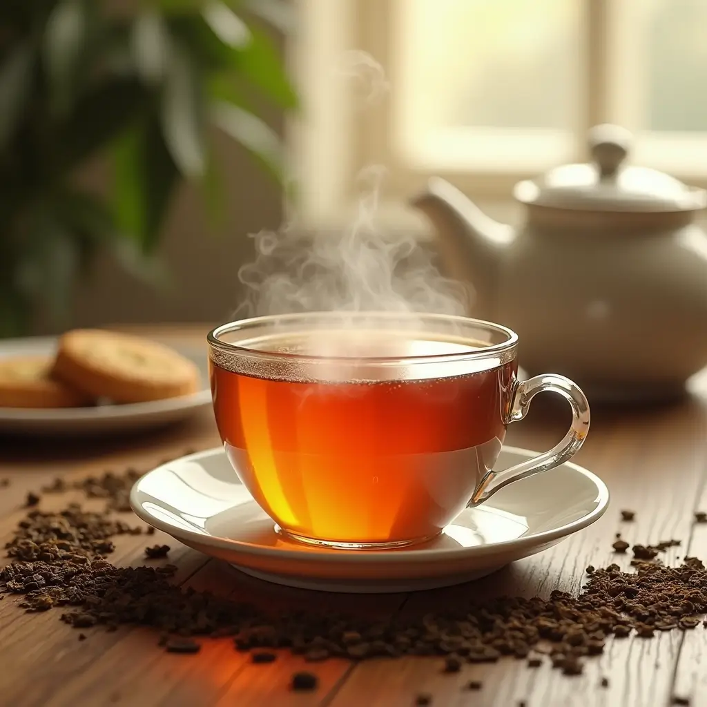 A steaming cup of Orange Pekoe Tea with loose tea leaves and a tea strainer on a wooden table, surrounded by a cozy and inviting atmosphere.