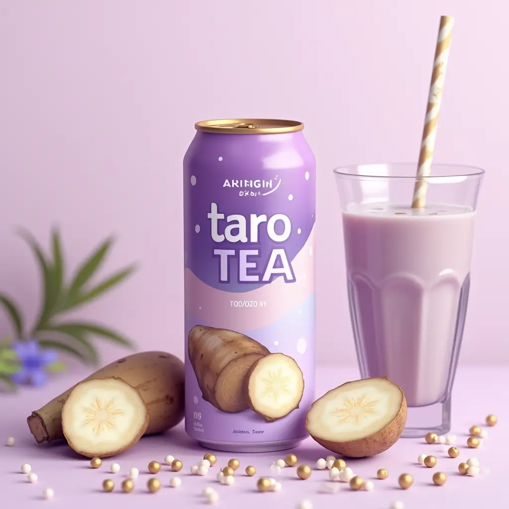 A can of taro boba tea surrounded by fresh taro slices, tapioca pearls, and a glass of taro milk tea on a pastel background.