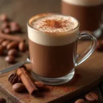 Chocolate Forte drink served in a cup with cocoa beans, cinnamon, and a warm, inviting atmosphere.