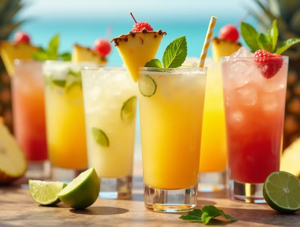 A variety of Barrfly non-alcoholic mocktails with tropical garnishes, served in a festive, relaxed setting.