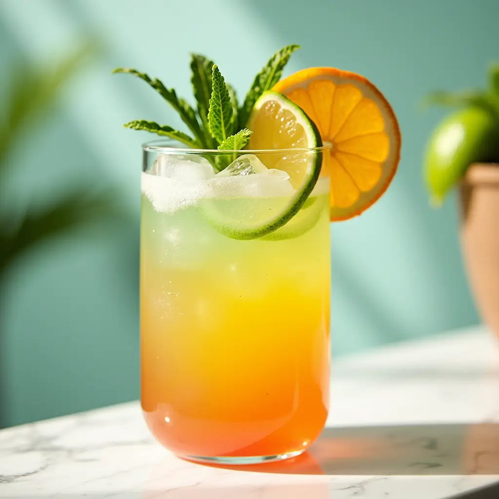 Barrfly mocktail drink in a tall glass with ice, garnished with fruit and mint, representing a refreshing, healthy alternative to sugary drinks.