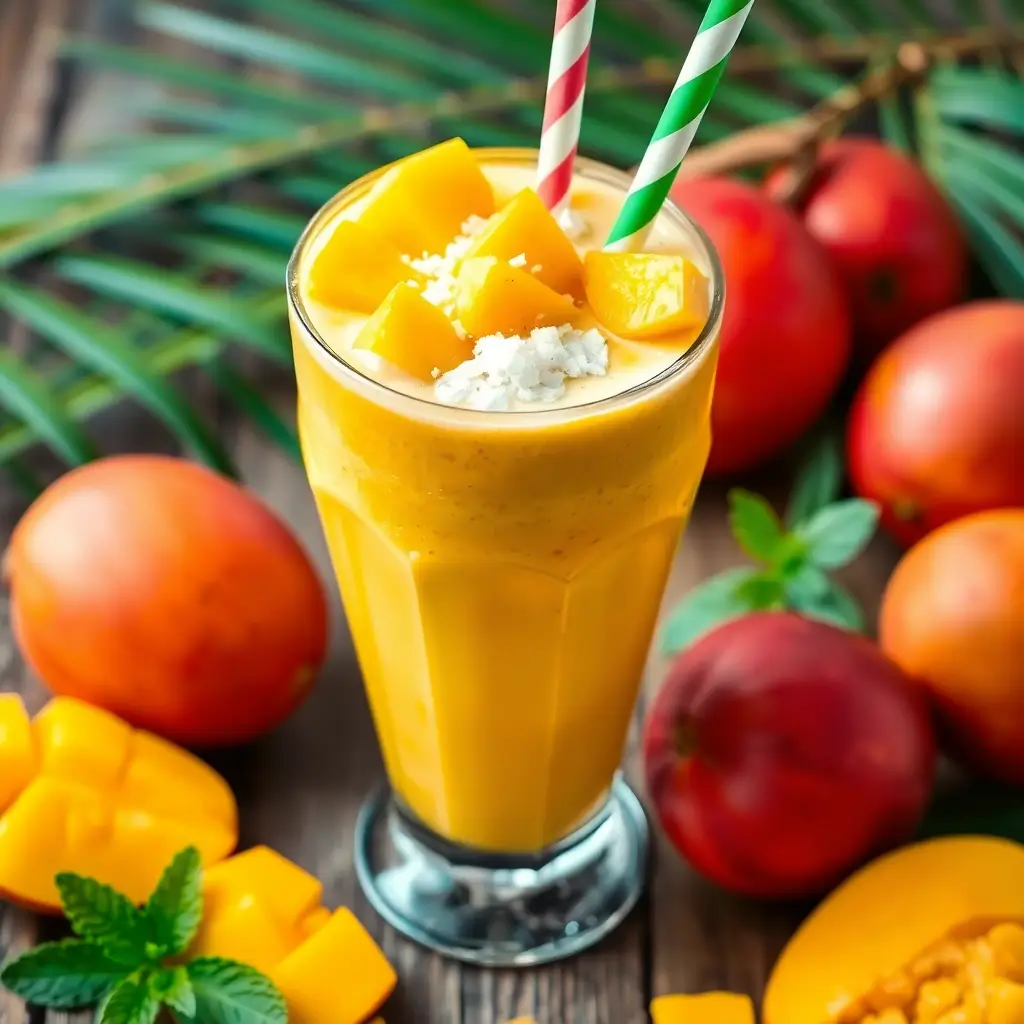 A refreshing mango smoothie topped with mango slices and coconut flakes, set in a tropical atmosphere.