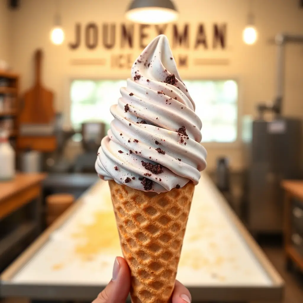 Handcrafted small-batch ice cream cone from Journeyman Ice Cream with unique flavors, showcasing artisanal craftsmanship.