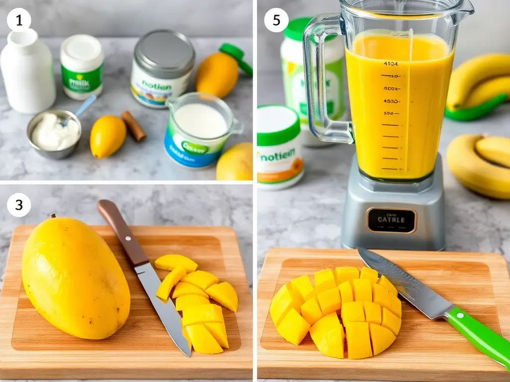 Step-by-step preparation of mangoes for smoothie, with peeled mango slices on a cutting board, a sharp knife, and optional ingredients like protein powder and banana.