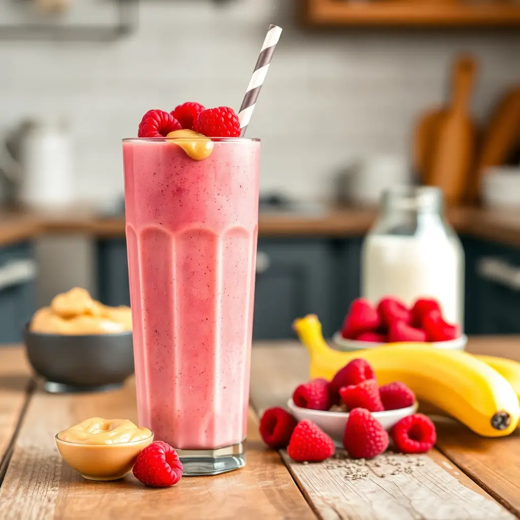 A creamy raspberry peanut butter smoothie in a tall glass, garnished with fresh raspberries, peanut butter drizzle, and chia seeds.